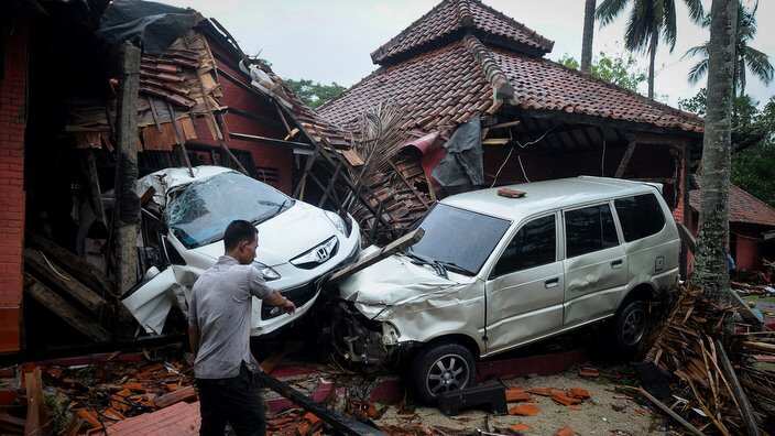 A view of damaged buildings in Banten, Indonesia on Sunday, Dec. 23, 2018, after the area was hit by a tsunami on Dec. 22 following an eruption of the Anak Krakatoa volcano. (Photo by Dasril Roszandi/NurPhoto/Zuma Press/TNS/Sipa USA).