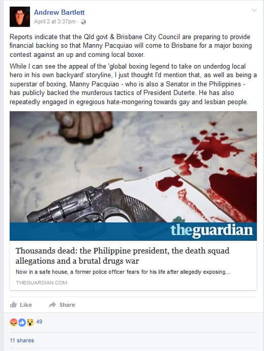 Bartlett's posting about sponsorship of Pacquiao-Horn fight