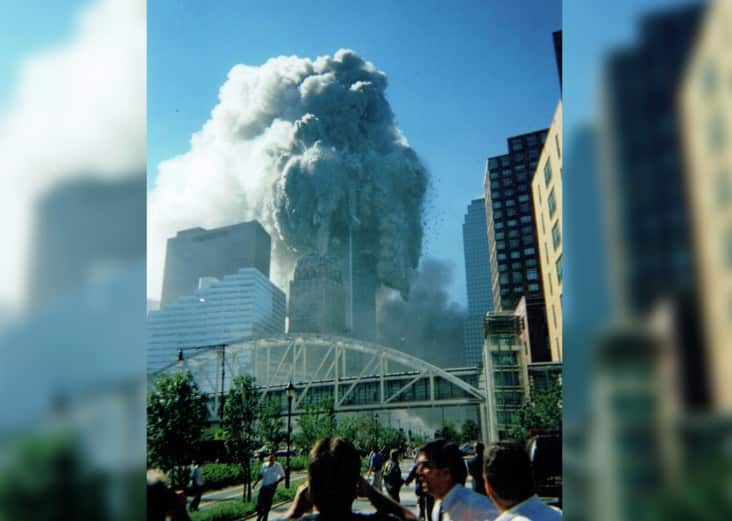 A photo taken by Michael Makatron showing the north tower collapsing