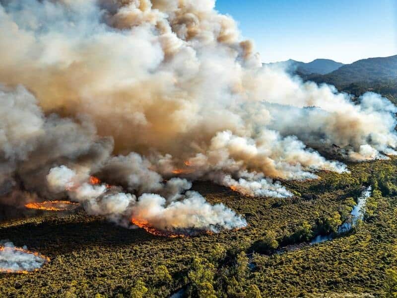 A large bushfire burning in Tasmania, Australia