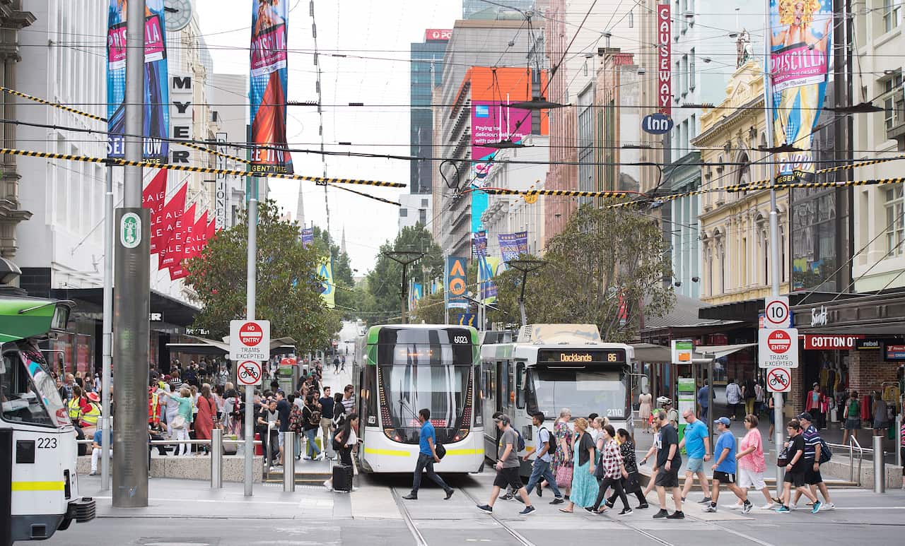 A general view of Bourke Street Mall at the Elizabeth Street end in Melbourne