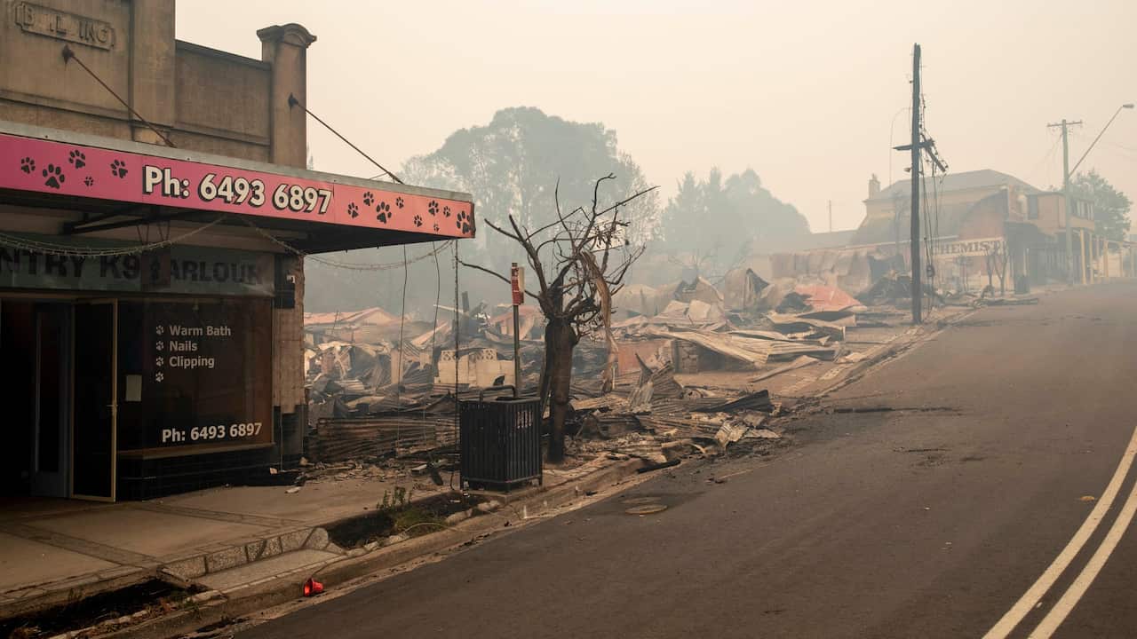 Buildings destroyed by fire are seen on the Main Street in Cobargo, NSW.
