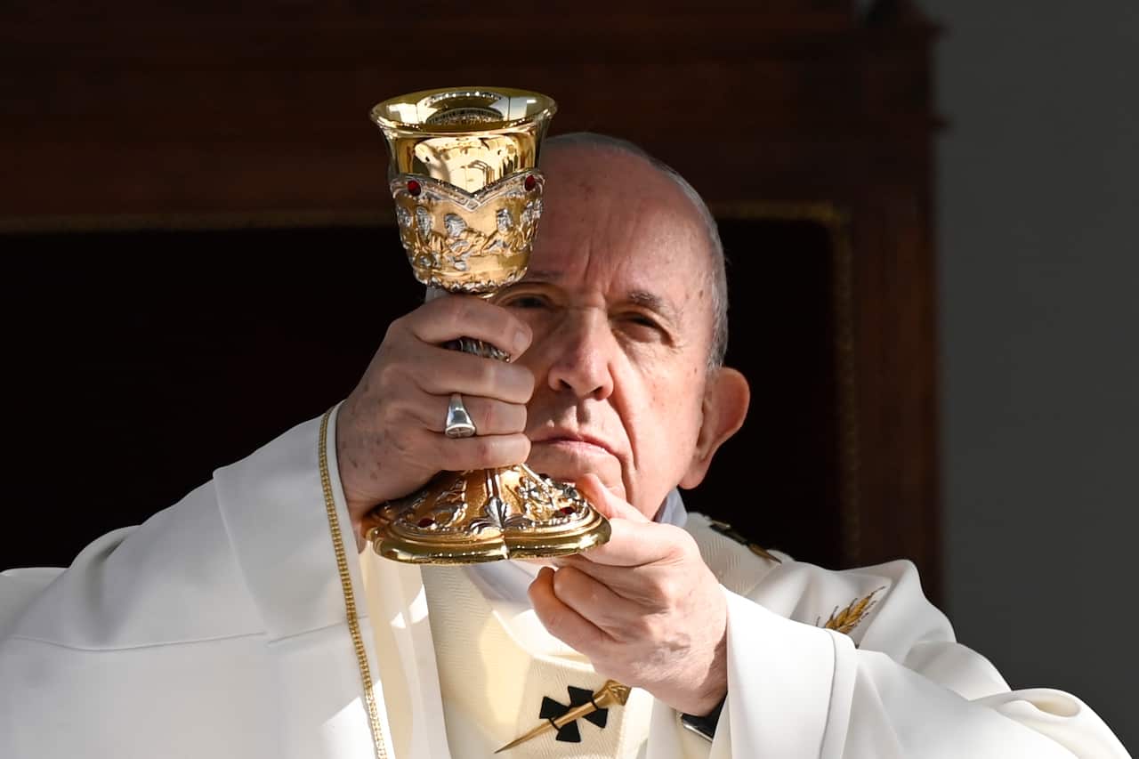 Pope Francis celebrates a Mass during his journey to Cyprus and Greece