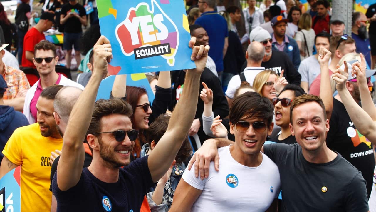 Supporters of marriage equality are seen at the Post Your Yes Vote Street Party at Taylor Square in Darlinghurst, Sydney on October 8.