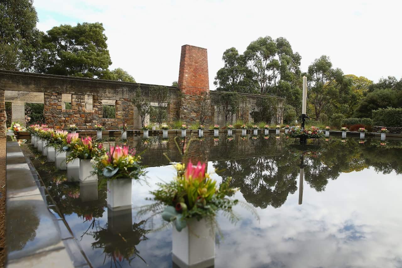 Floral tributes in the Memorial Pool in 2016 in Port Arthur, Tasmania