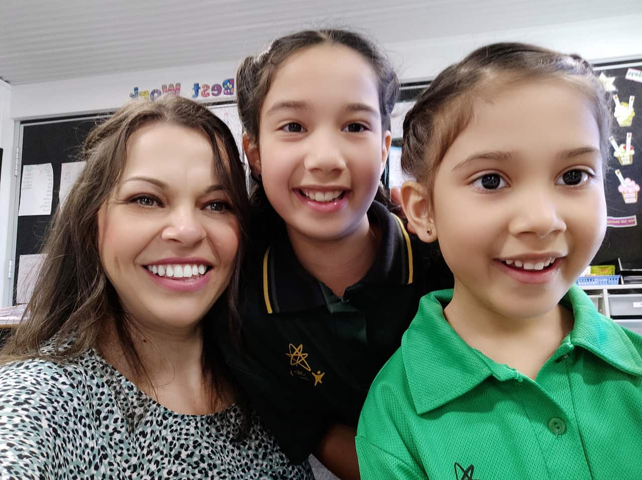 Lalor North Primary School's Greek Bilingual Program educator Ana Koutsouroupa with students Catherine and Chrysoula Pappas.
