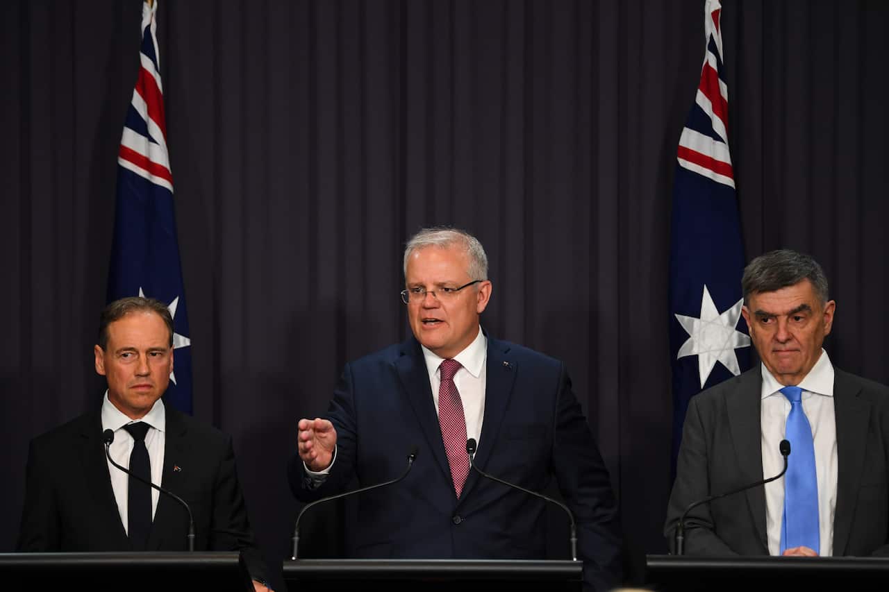 Health Minister Greg Hunt, Prime Minister Scott Morrison and Chief Medical Officer Professor Brendan Murphy give an update on coronavirus.