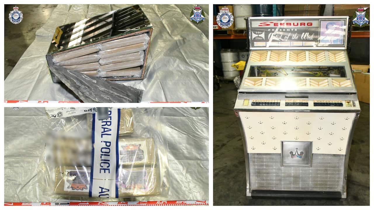 The arrests followed the importation of approximately 45kg of cocaine hidden in a juke box from Greece to Melbourne.