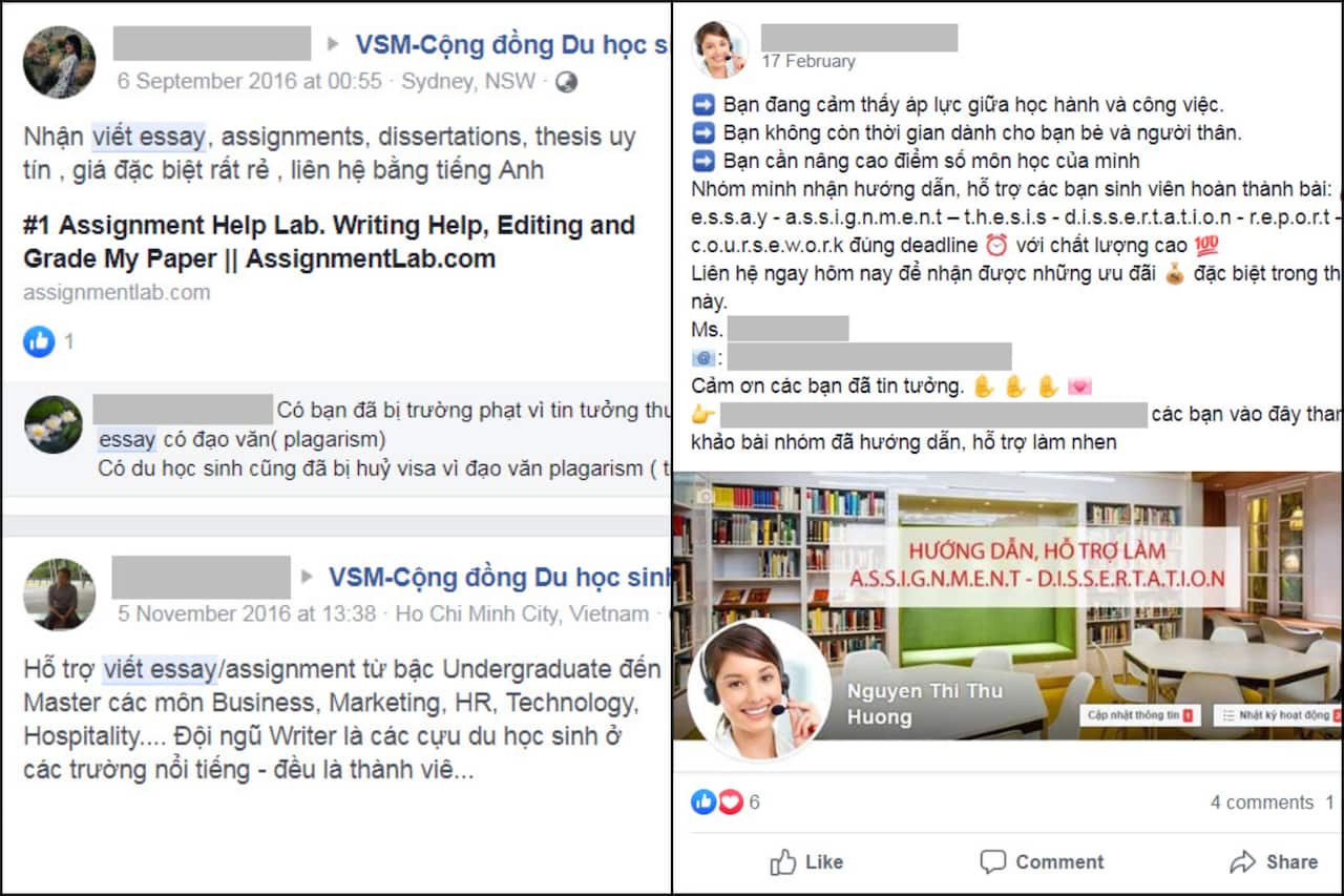 Screenshots of contract cheating ads on Facebook groups