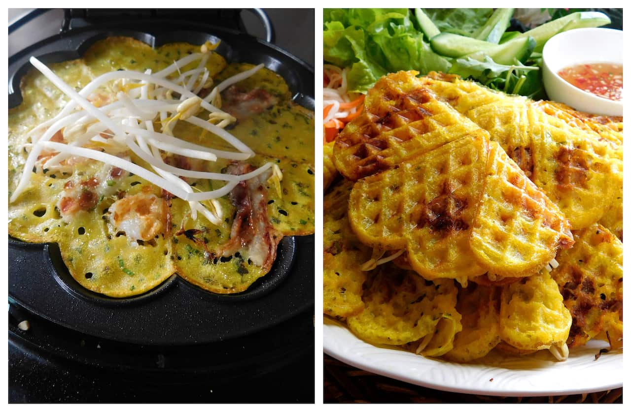 Món bánh xèo sáng tạo bằng máy làm bánh kẹp để con có thể tự làm mà không lo bỏng tay.