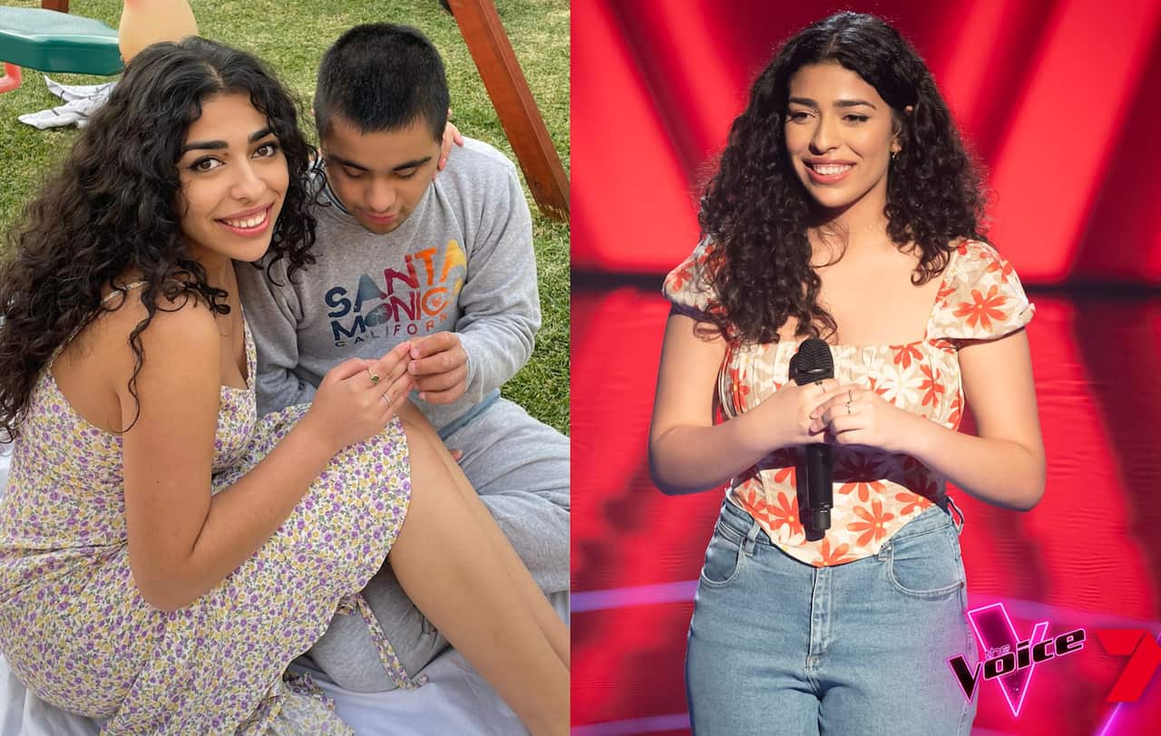 Alicia George with her brother Anthony and on stage during "The Voice".