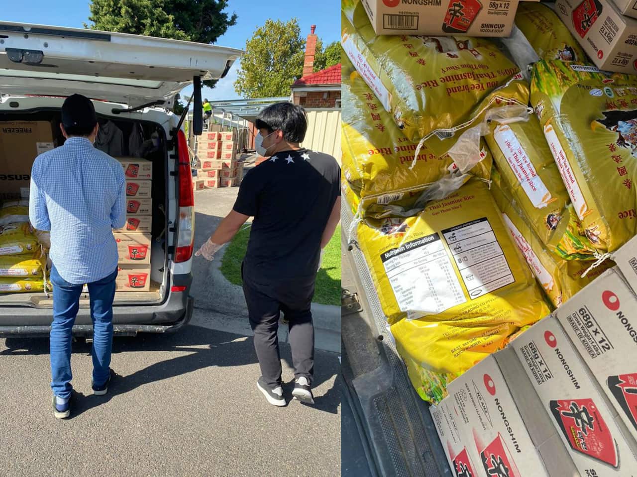 Các tình nguyện viên chuẩn bị giao gạo.