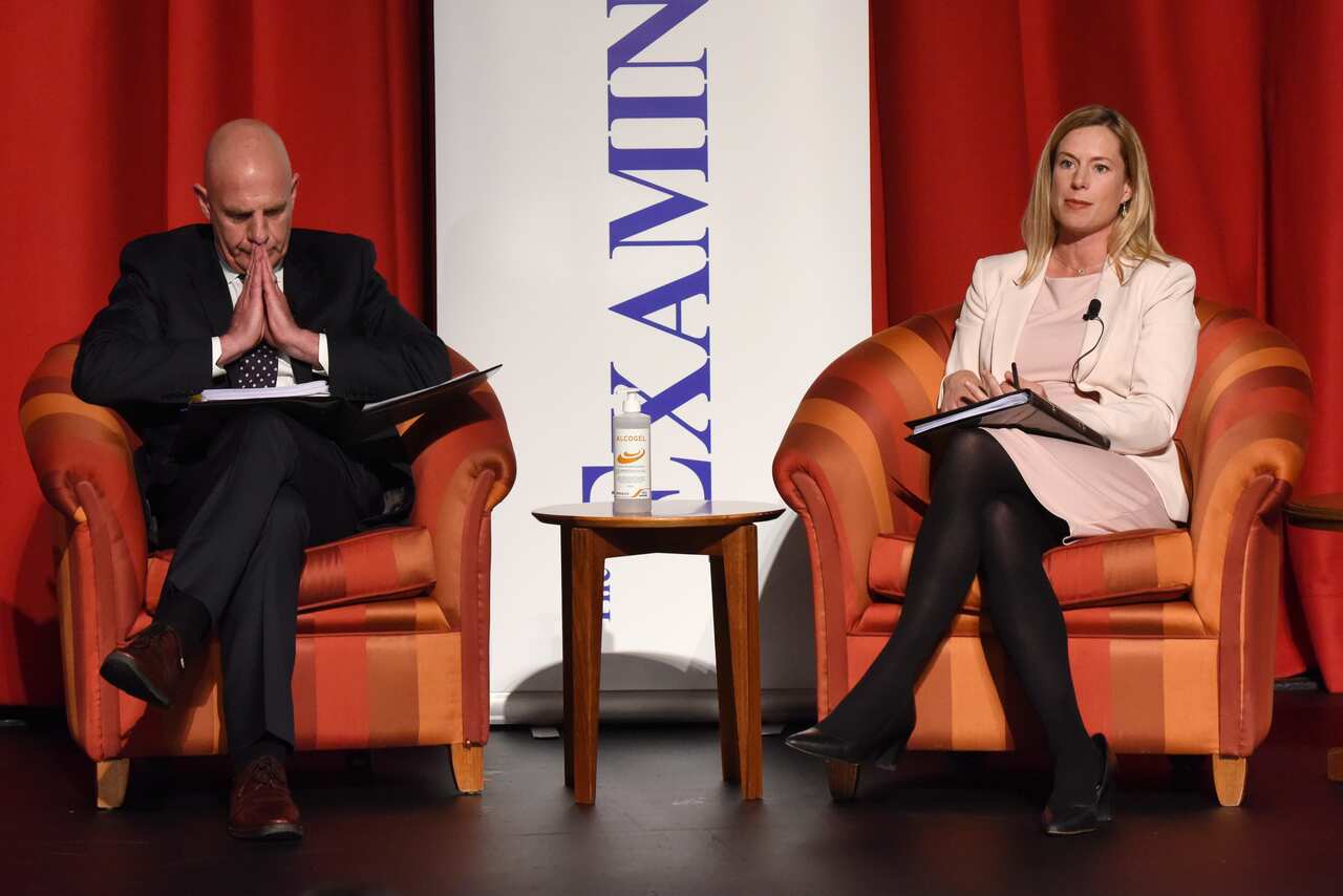 Tasmanian Premier Peter Gutwein and Tasmanian Labor Leader Rebecca White during a Leaders Debate at the Country Club Tasmania in Launceston, Thursday, April 22, 2021. Tasmanians will head to the polls on May 1. (AAP Image/ Sarah Rhodes) NO ARCHIVING