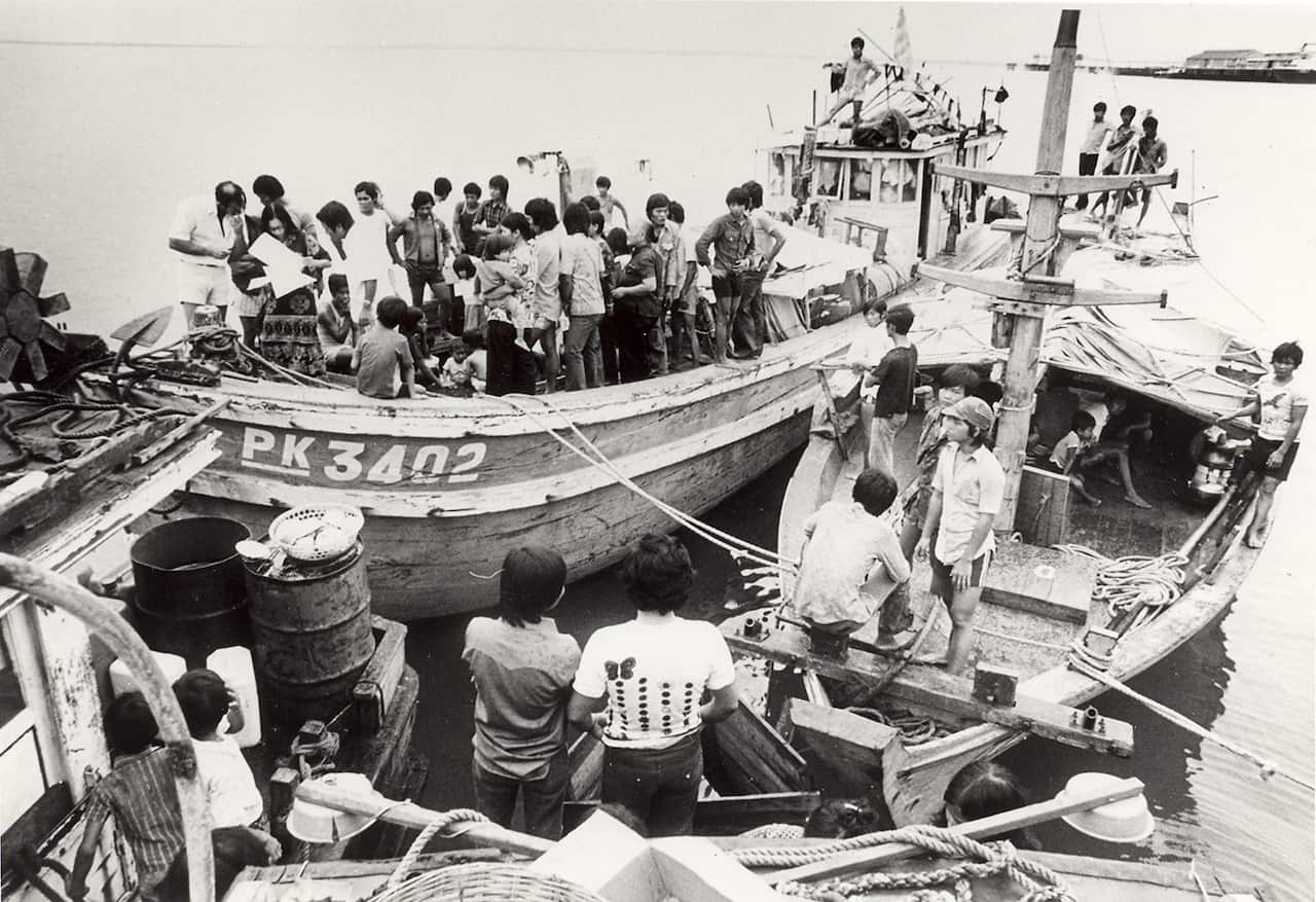 Vietnamese refugees arriving in Darwin Harbour in the aftermath of the Vietnam War. 