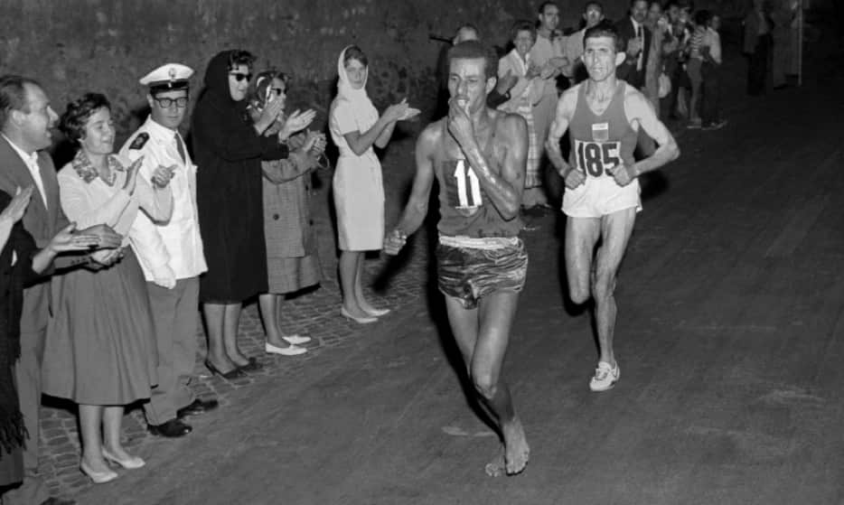 Abebe Bikila of Ethiopia in the marathon at the 1960 Rome Olympics.