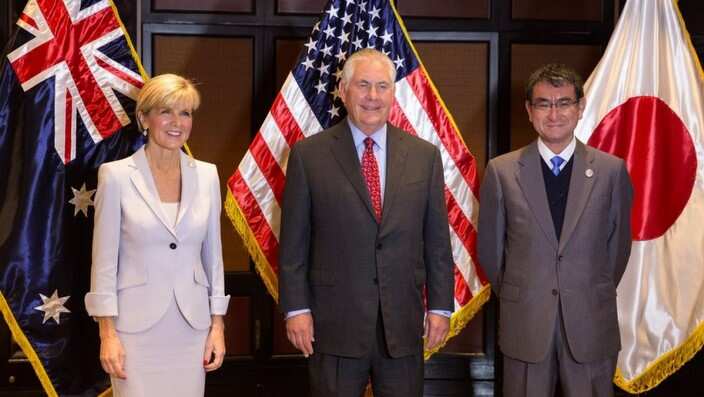 Rex Tillerson (middle) with Australian Foreign Minister Julie Bishop and Japanese Foreign Minister Taro Kono