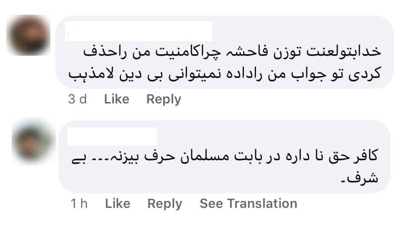 نمونه‌ای از کمنت‌های توهین‌آمیز مدیران و طرفداران تعدادی از نهادهای مذهبی در پای یادداشت‌های فیسبوکی خانم حسین. 