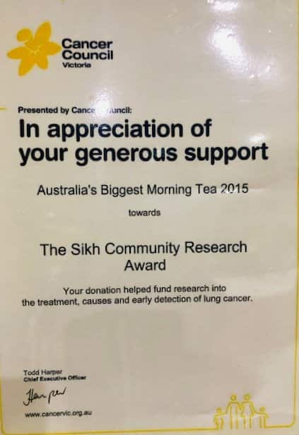 Certificate from the Cancer Council acknowledging the The Sikh Community Research Award