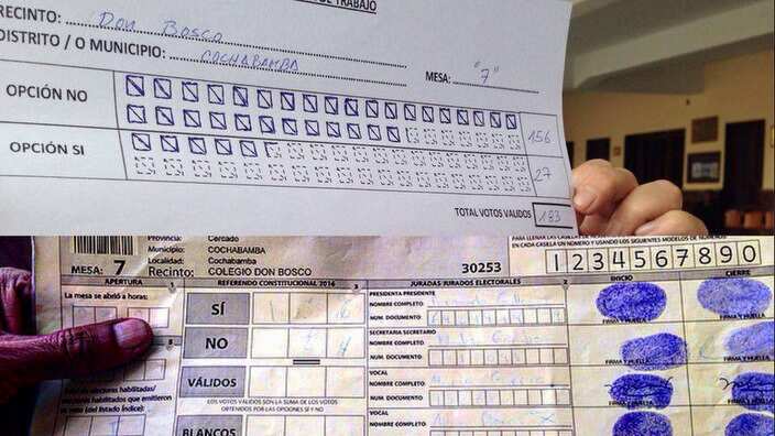 La periodista Violeta Ayala captó un informe electoral en el que se invierten los resultados de una mesa de votación en el colegio Don Bosco de Cochabamba
