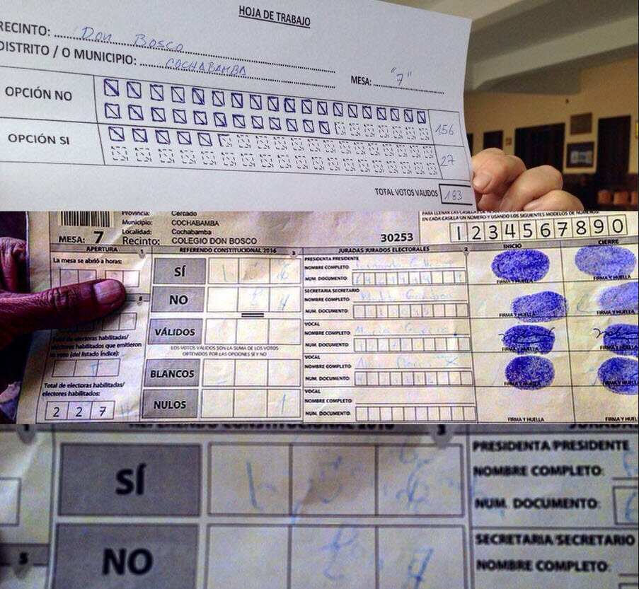 La periodista Violeta Ayala captó un informe electoral en el que se invierten los resultados de una mesa de votación en el colegio Don Bosco de Cochabamba