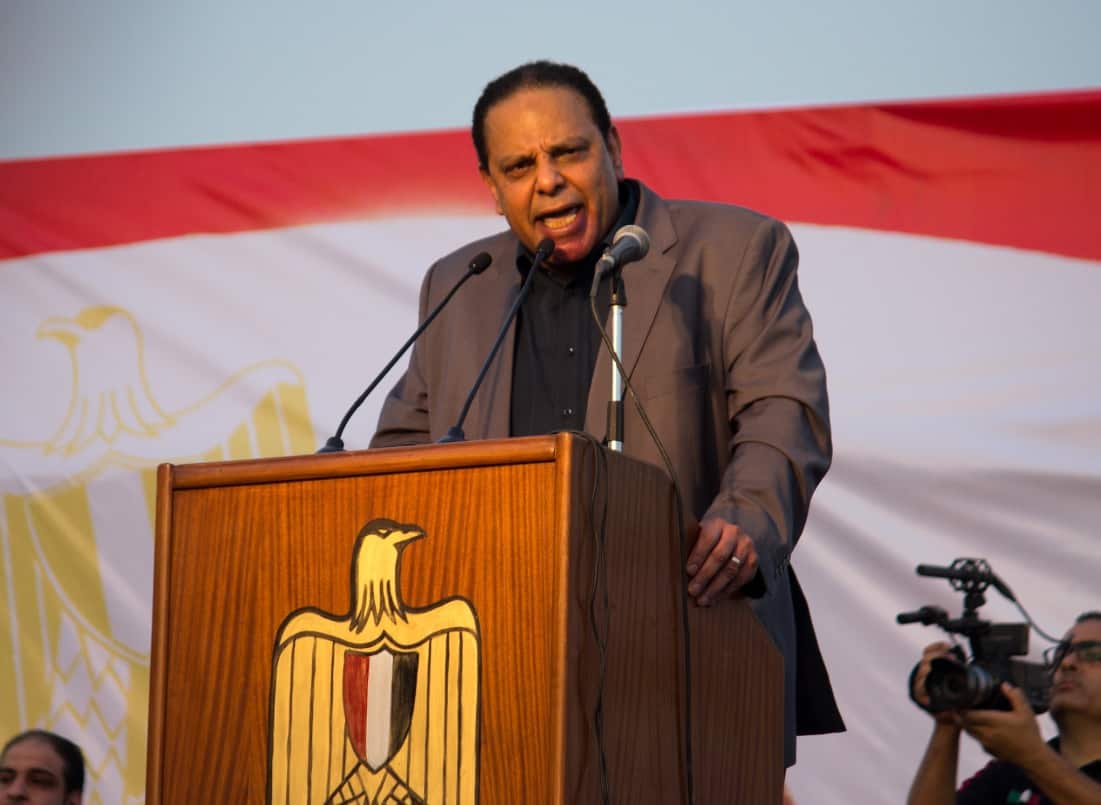 Egyptian writer Alaa al Aswany speaks at a rally to support Hamdeen Sabahi's bid to the Egyptian presidency in 2014.