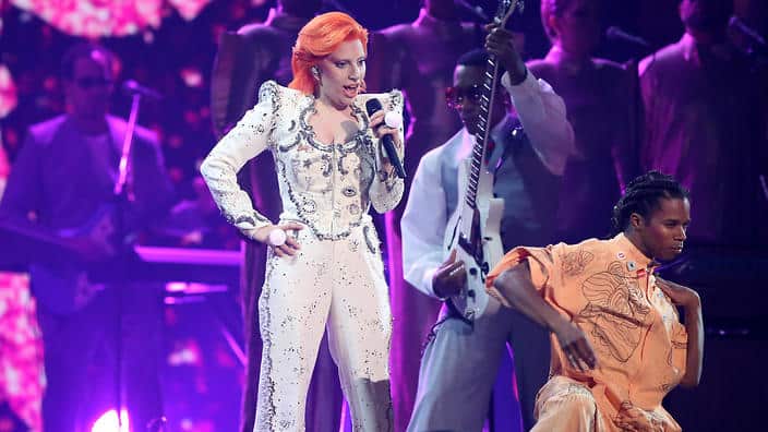 Lady Gaga performs a tribute to David Bowie at the 58th annual Grammy Awards on Monday, Feb. 15, 2016, in Los Angeles. (Photo by Matt Sayles/Invision/AP)