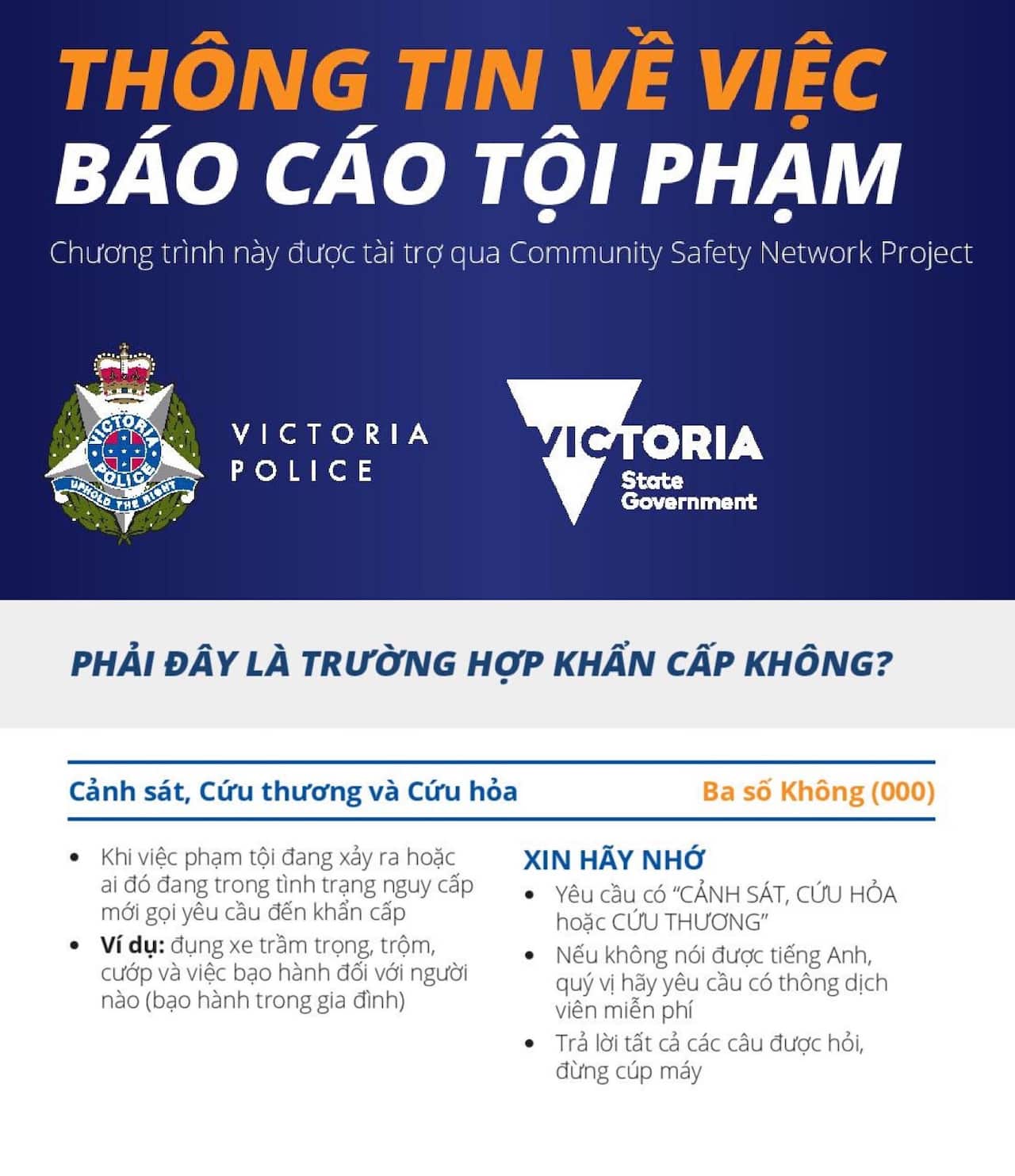 Thẻ có ghi chi tiết về các cách khác nhau có sẵn để trình cáo và hỗ trợ cộng đồng, bao gồm trang web trực tuyến và đường dây hỗ trợ của cảnh sát.