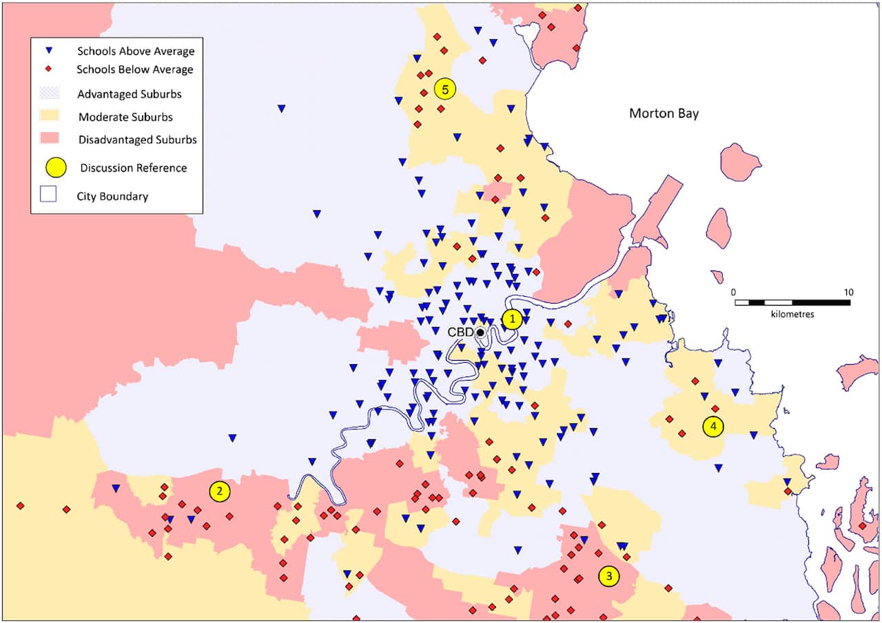 Schools ranked above/below average in Brisbane, Grade 5 reading, 2016