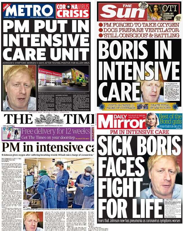 British tabloids on Tuesday, 07 April 2020.
