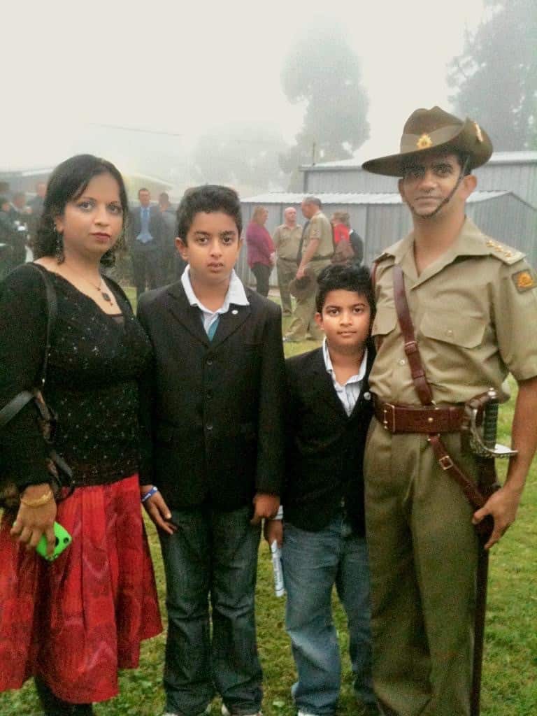 (From L-R): Rosy Kaur with her sons Kaustav and Krishang, and her husband Lt Col Sandeep Bhagat on their first Anzac Service.