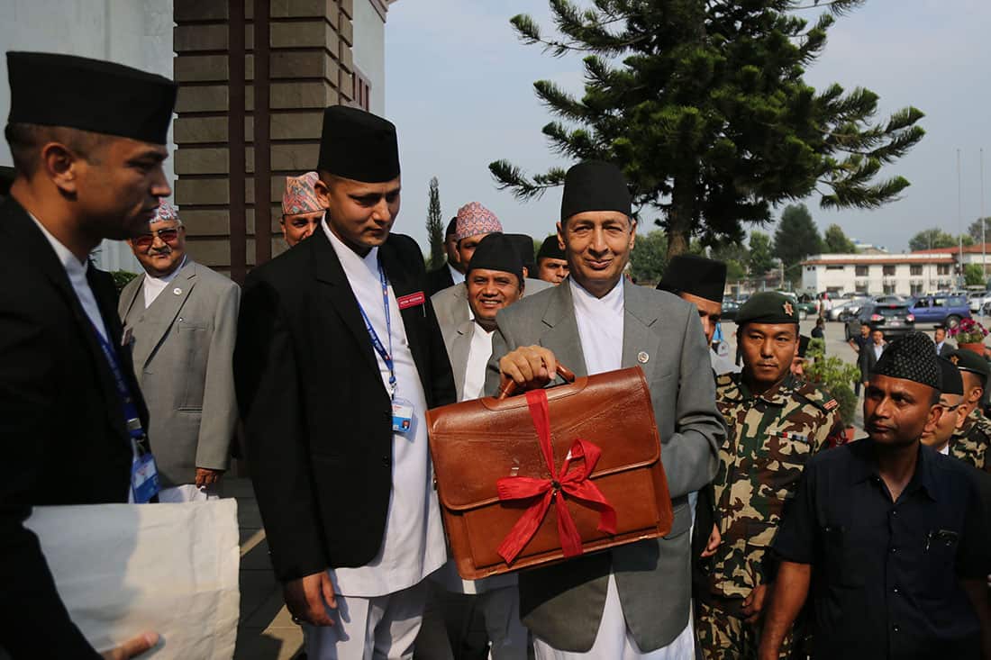 Nepal's finance minister Yuvaraj Khatiwada before presenting the government's annual budget