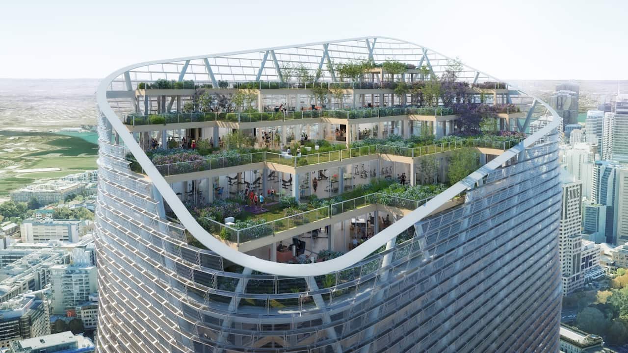 A supplied architectural render obtained on Thursday, June 25, 2020, of a towering technology hub in central Sydney, set to become the largest in Australia, has attracted almost $50 million of NSW taxpayer backing. Tech giant Atlassian are expected to bas