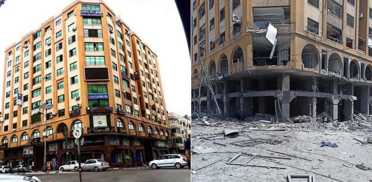The Al Jawhara Tower before and after the airstrike.