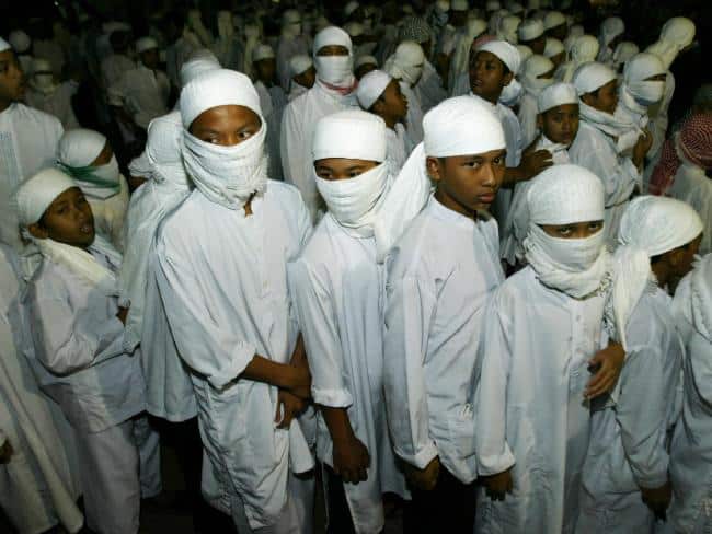 Students of Abu Bakar Bashir, alleged spiritual leader of terrorist group Jemaah Islamiah, at the extremist Al Mukmin Islamic school in Solo, Indonesia