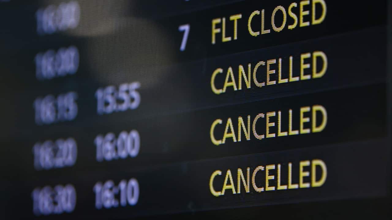 A flight information board showing several cancelled flights, Sydney Domestic Airport, Friday, March 20, 2020.  