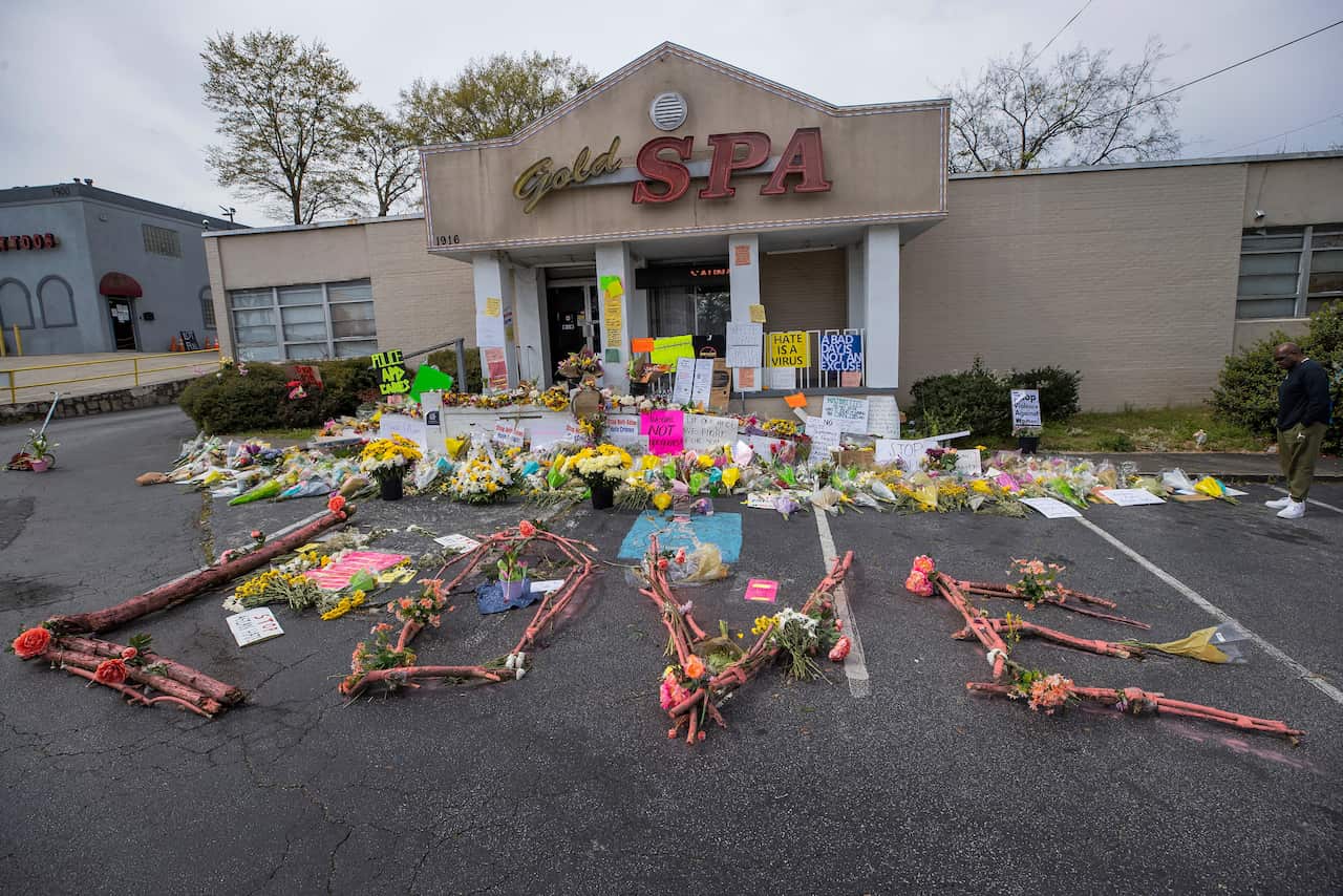 The scene of a massage parlor shootings in Atlanta, Georgia on 23 March 2021, in the aftermath of the Boulder, Colorado, grocery store shooting.