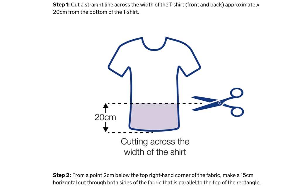 Directions published by the United Kingdom government on how to make a face mask from an old t-shirt.