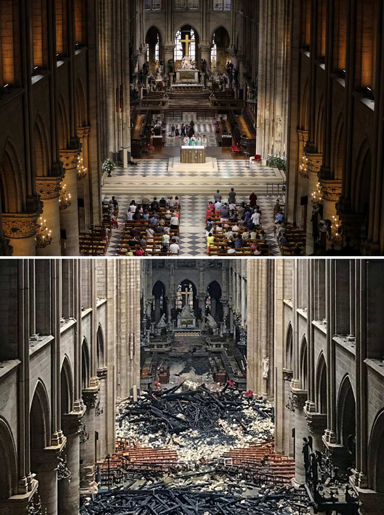 A combination of two pictures shows people attending a mass at the Notre-Dame de Paris Cathedral in Paris on June 26, 2018 and the cathedral after the fire.