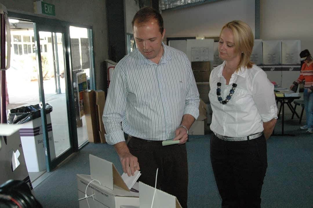 Federal Member for Dickson Peter Dutton casts his vote alongside wife Kirilly Dutton. 