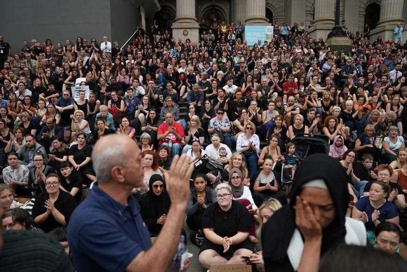 Aiia Maasarwe's father Saeed Maasarwe speaks at a vigil for his daughter on the steps of Parliament House, Melbourne