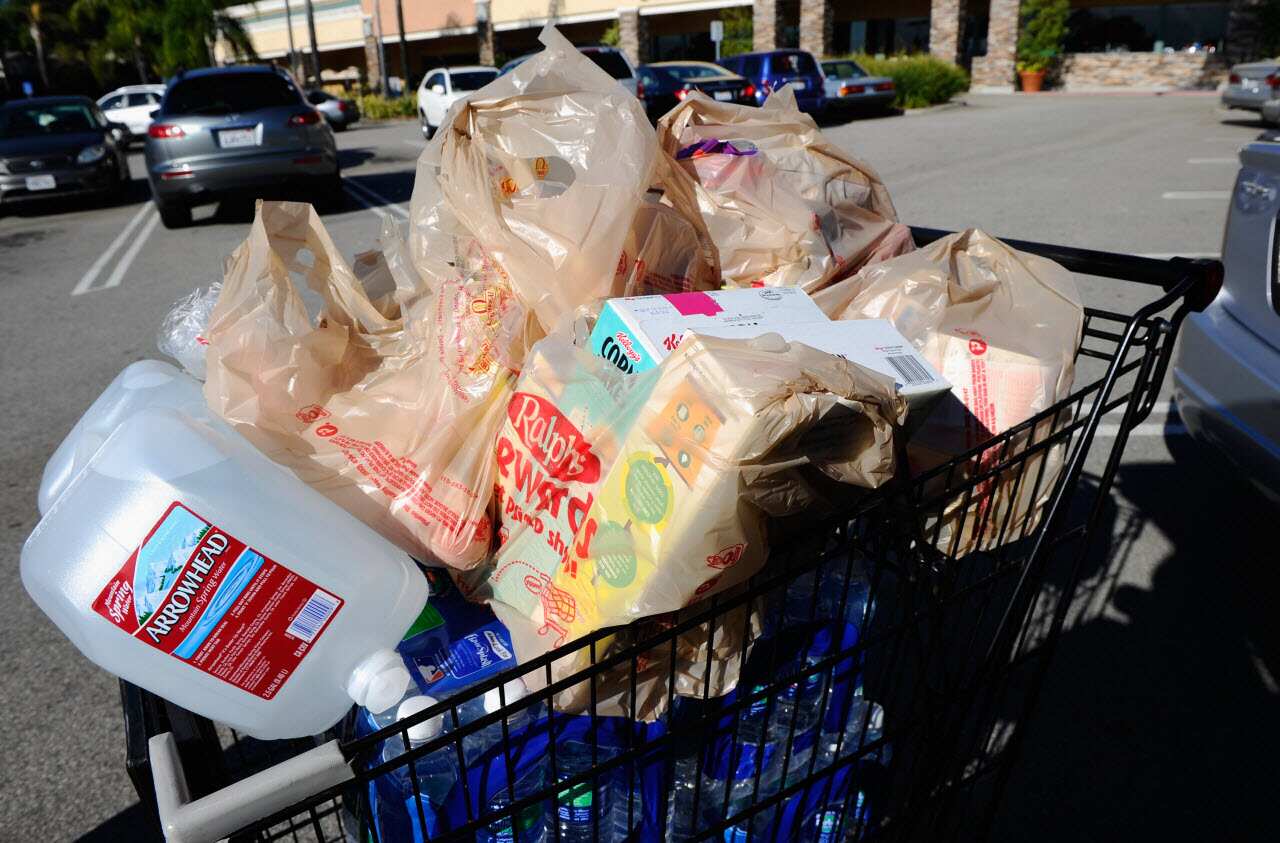 Plastic grocery bags are piled into a grocery cart on November 17, 2010 in La Crescenta, California.