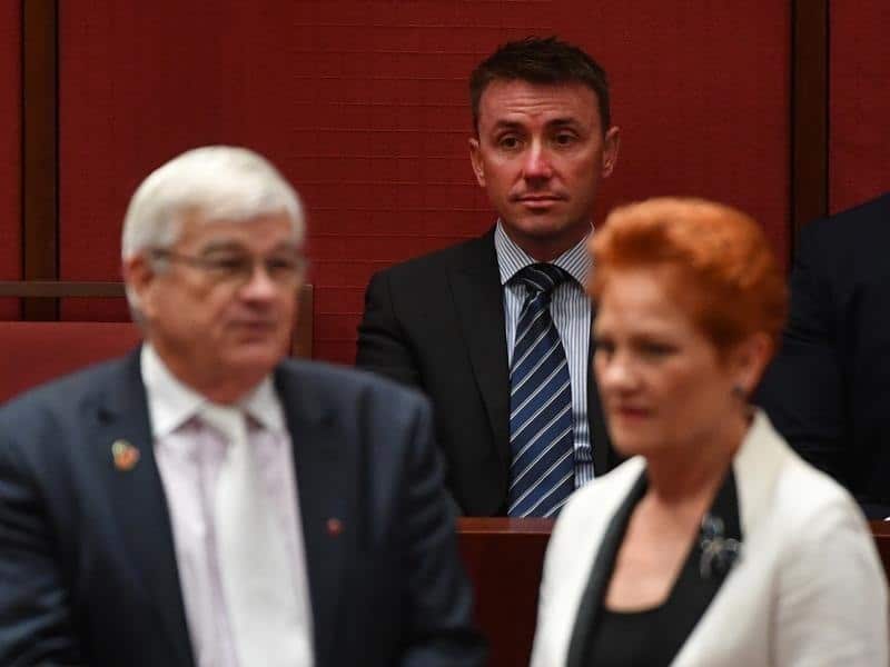 Brian Burston (L), James Ashby and Pauline Hanson
