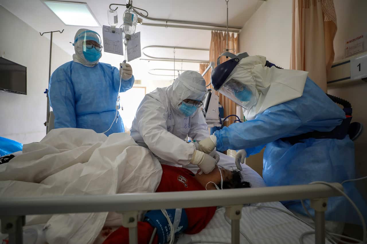 A coronavirus patient is getting treatment at a hospital in Wuhan in central China's Hubei province.