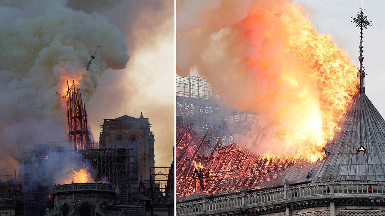 A huge fire swept through the roof of the famed Notre-Dame Cathedral in central Paris on Monday evening, sending flames and huge clouds of grey smoke billowing 
