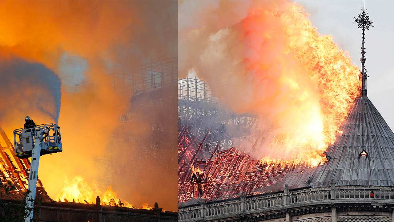 A huge fire swept through the roof of the famed Notre-Dame Cathedral in central Paris on Monday evening, sending flames and huge clouds of grey smoke billowing