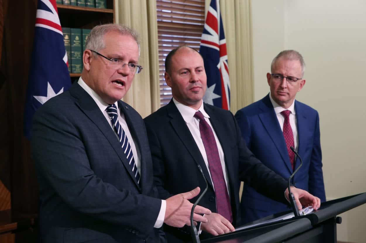 Prime Minister Scott Morrison, Treasurer Josh Frydenberg and Minister for Communications, Cyber Safety and the Arts Paul Fletcher.