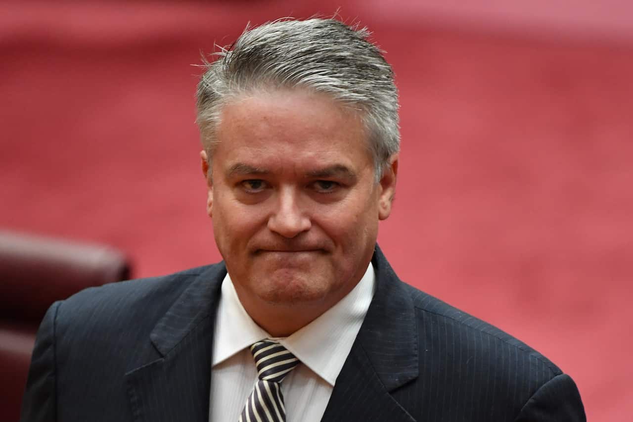 Minister for Finance Mathias Cormann in Senate chamber at Parliament House in Canberra.