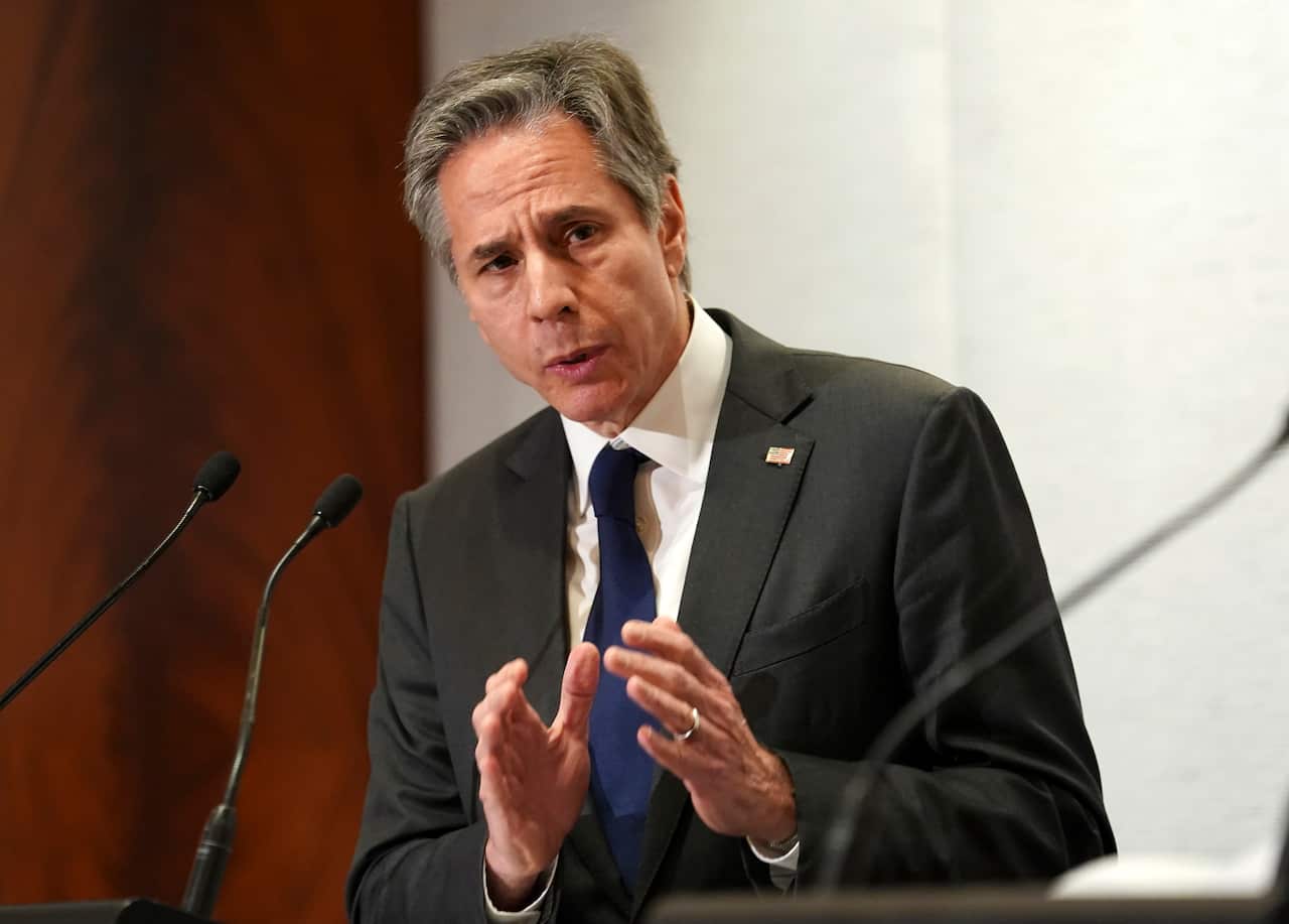 U.S. Secretary of State Antony Blinken speaks during a joint press availability at the Quad meeting of foreign ministers in Melbourne, Australia, February 11, 2022. (Kevin Lamarque/Pool Photo via AP)
