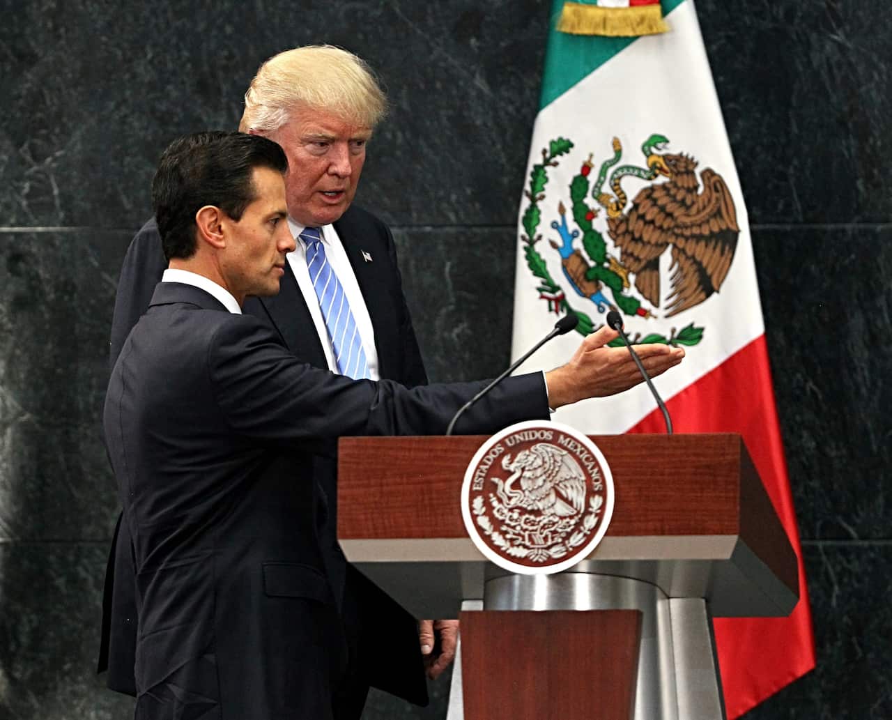 President of Mexico Enrique Pena Nieto (L) welcomes US Republican presidential candidate Donald Trump, in Los Pinos, Mexico City, Mexico, 31 August 2016