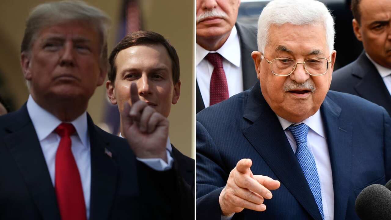 Split screen of Donald Trump, Jared Kushner and Mahmoud Abbas